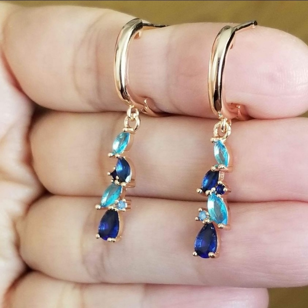 New 14K Gold Plated Blue Sapphire Aquamarine Dangle Drop Hoop Earrings for Women - Picture 6 of 6